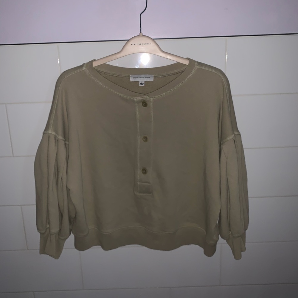 Something Navy balloon sleeve half button down sweatshirt top in tan, size S